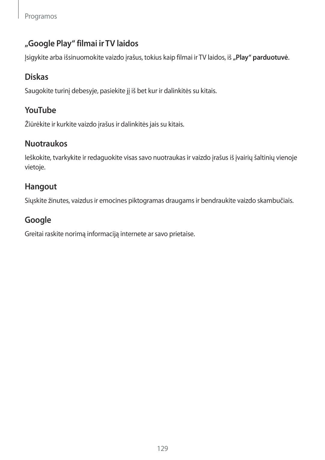 Samsung SM-G935FZDASEB manual „Google Play filmai ir TV laidos, Diskas, YouTube, Nuotraukos, Hangout 