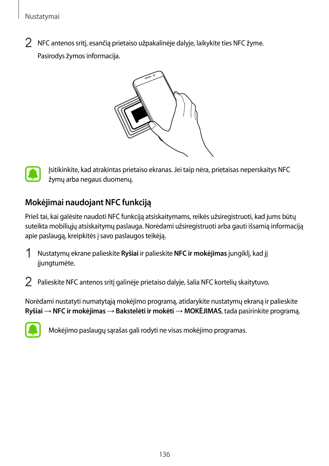 Samsung SM-G935FZDASEB manual Mokėjimai naudojant NFC funkciją 