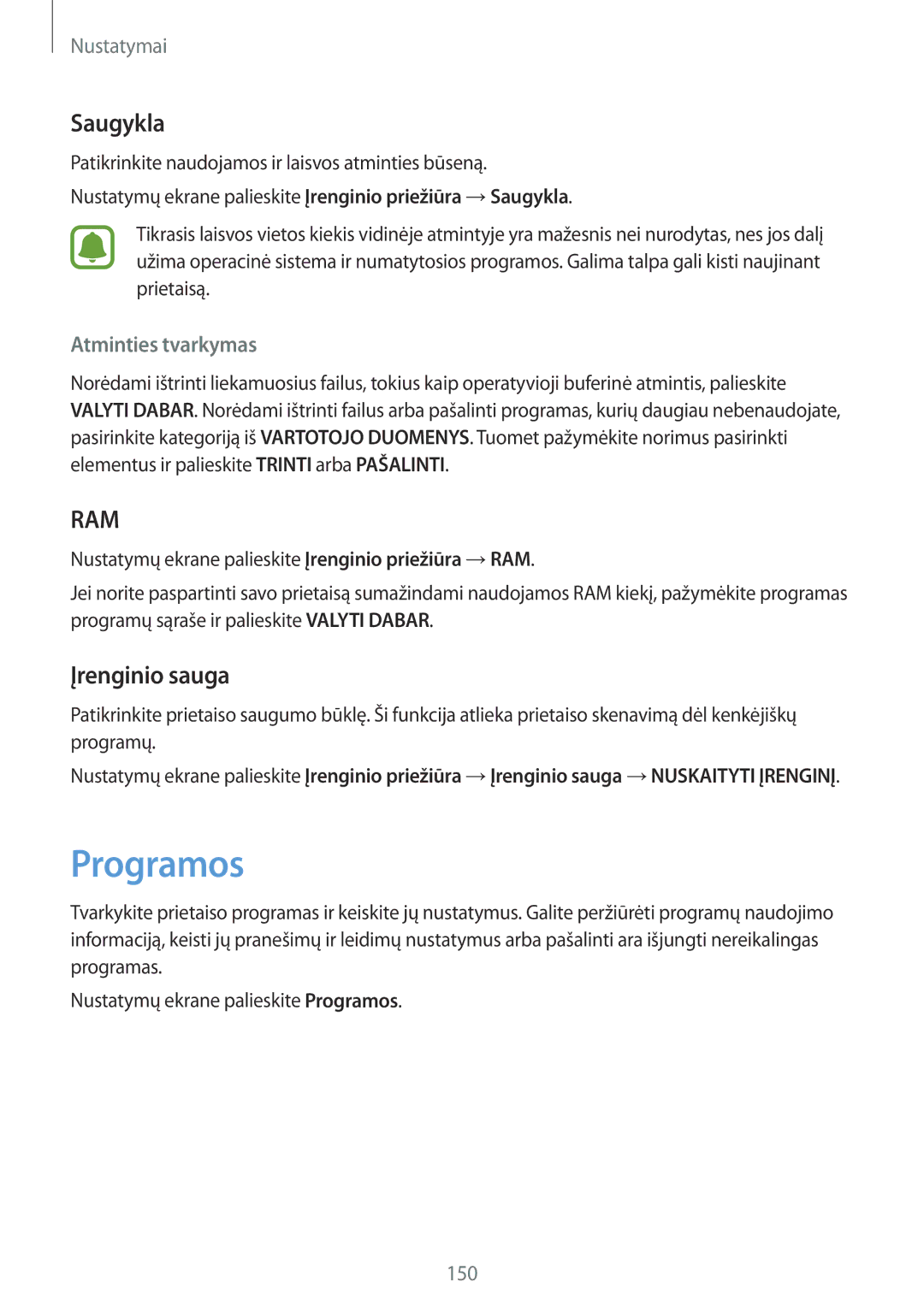 Samsung SM-G935FZDASEB manual Programos, Saugykla, Įrenginio sauga, Atminties tvarkymas 