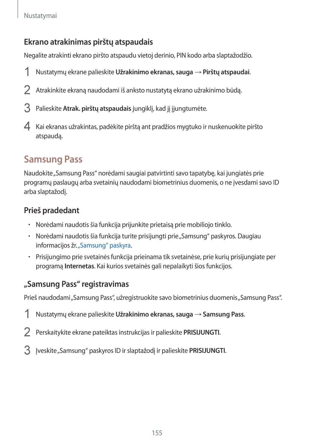 Samsung SM-G935FZDASEB manual Ekrano atrakinimas pirštų atspaudais, „Samsung Pass registravimas 