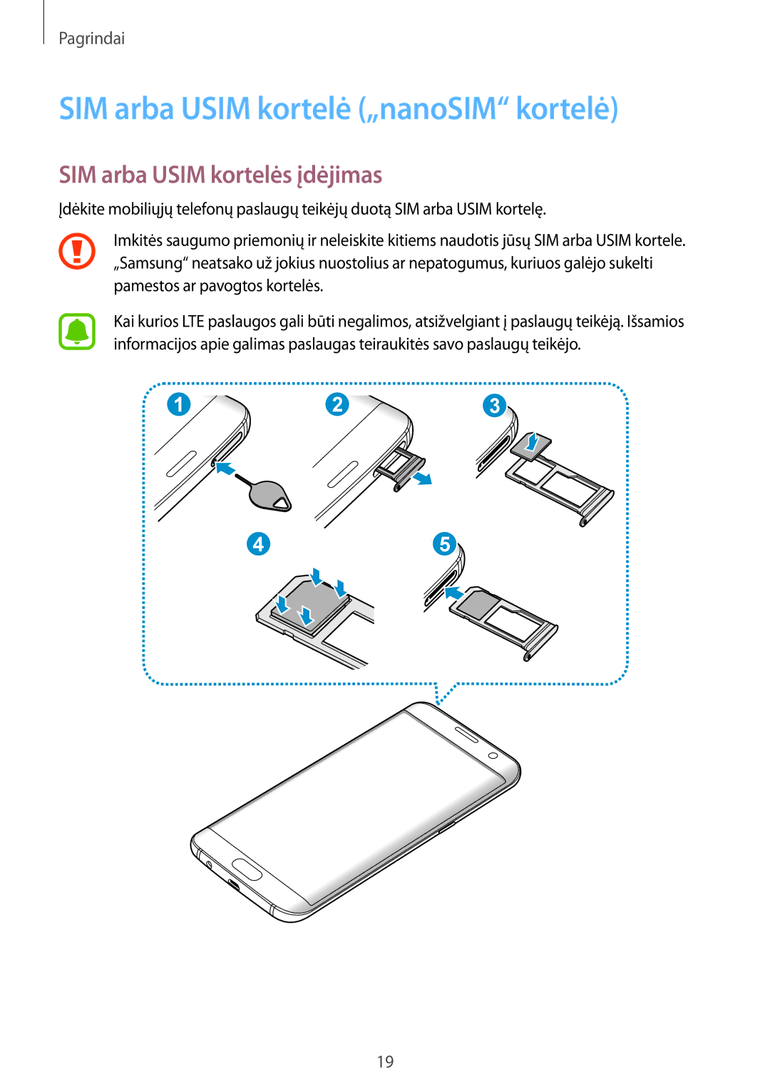 Samsung SM-G935FZDASEB manual SIM arba Usim kortelė „nanoSIM kortelė, SIM arba Usim kortelės įdėjimas 