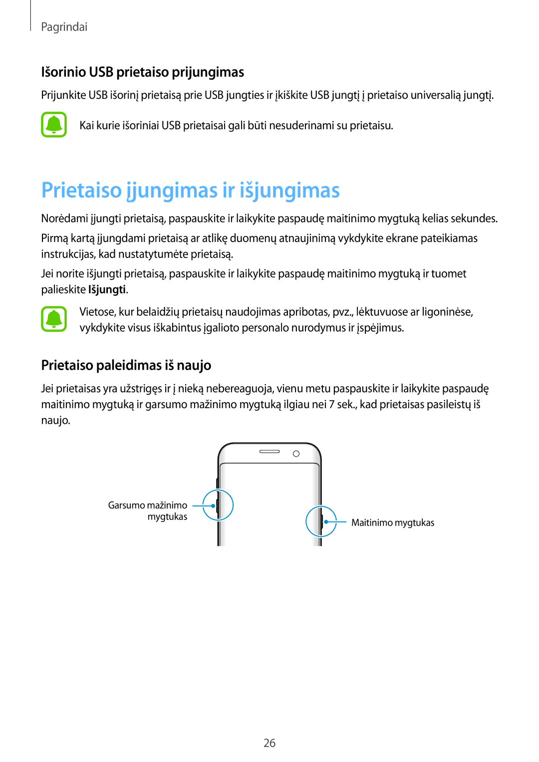 Samsung SM-G935FZDASEB manual Prietaiso įjungimas ir išjungimas, Išorinio USB prietaiso prijungimas 