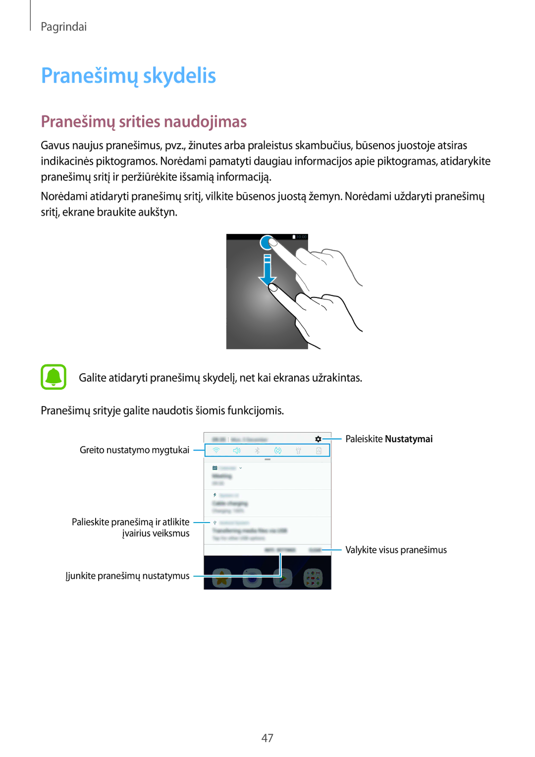 Samsung SM-G935FZDASEB manual Pranešimų skydelis, Pranešimų srities naudojimas 