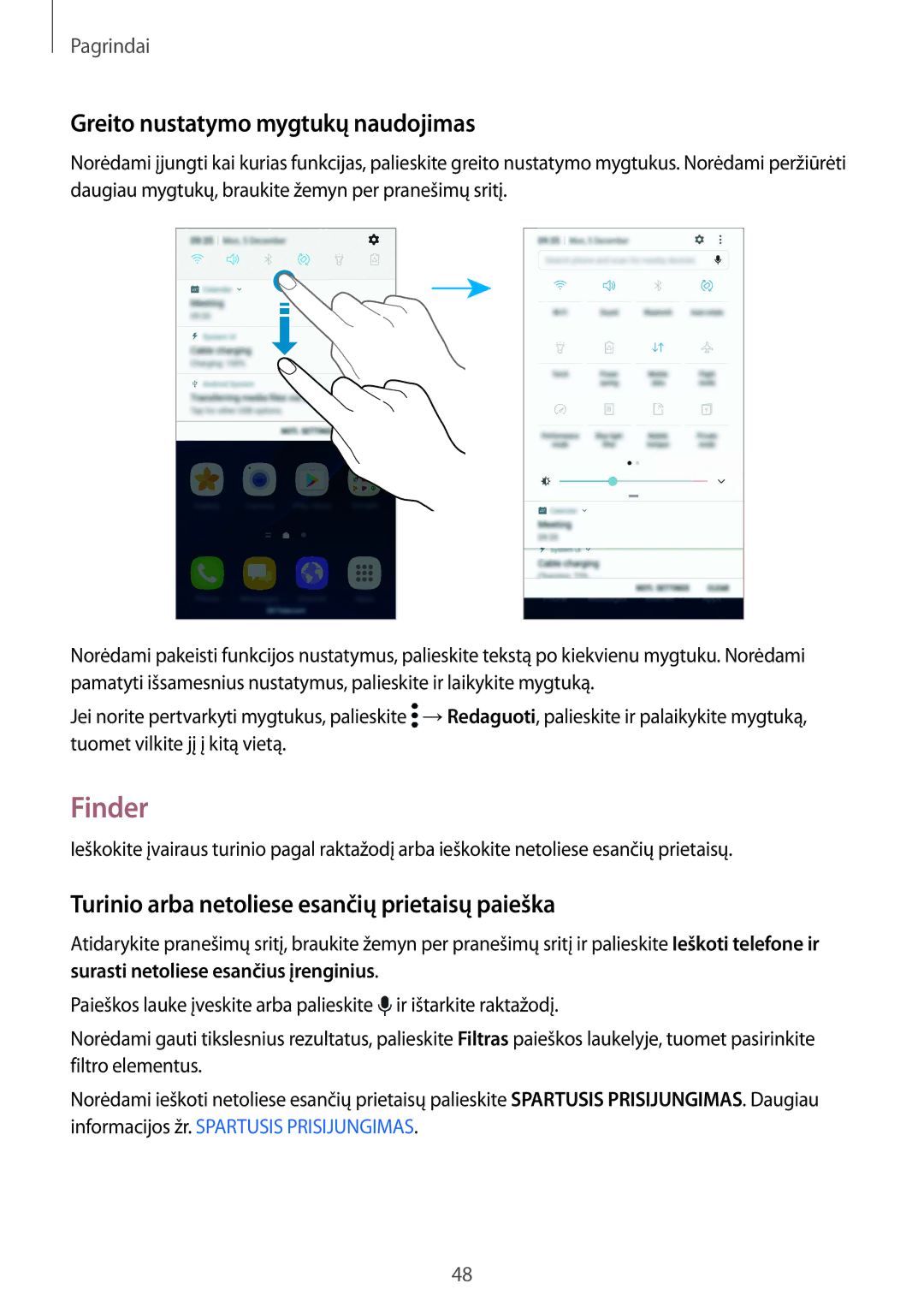 Samsung SM-G935FZDASEB manual Finder, Greito nustatymo mygtukų naudojimas, Turinio arba netoliese esančių prietaisų paieška 