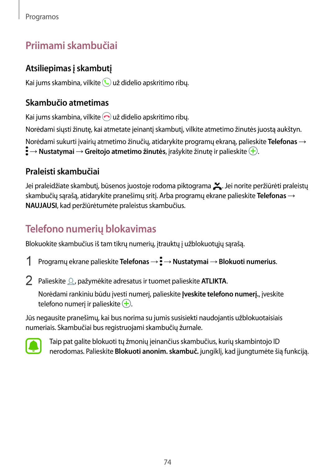 Samsung SM-G935FZDASEB Priimami skambučiai, Telefono numerių blokavimas, Atsiliepimas į skambutį, Skambučio atmetimas 