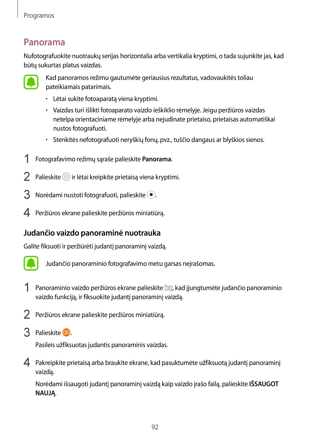 Samsung SM-G935FZDASEB manual Panorama, Judančio vaizdo panoraminė nuotrauka 