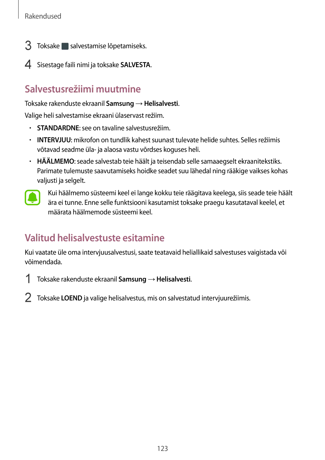 Samsung SM-G935FZDASEB manual Salvestusrežiimi muutmine, Valitud helisalvestuste esitamine 