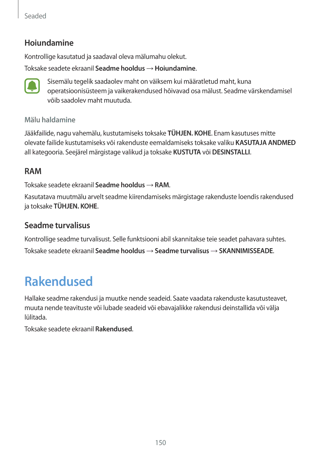 Samsung SM-G935FZDASEB manual Rakendused, Hoiundamine, Seadme turvalisus, Mälu haldamine 