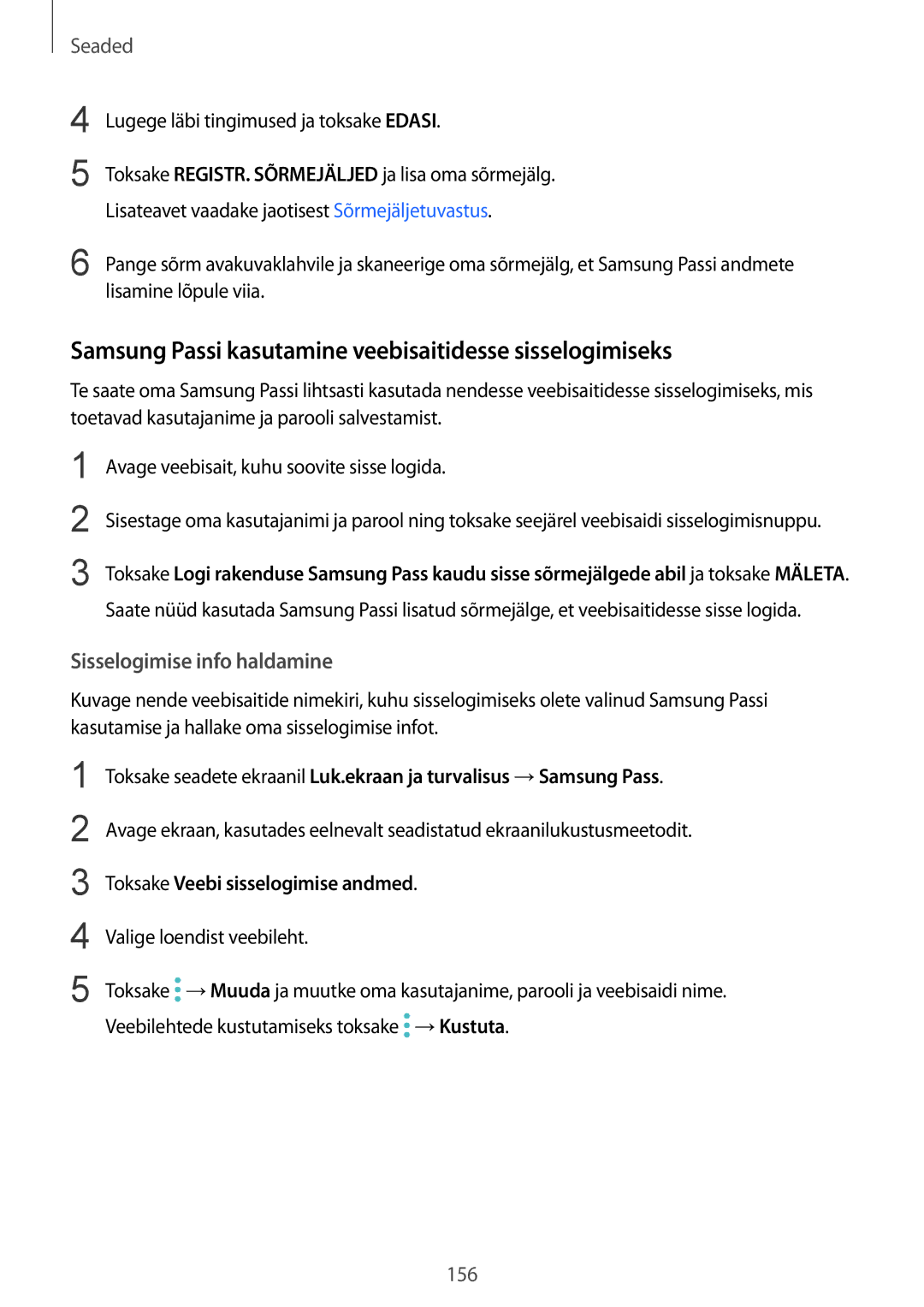 Samsung SM-G935FZDASEB manual Samsung Passi kasutamine veebisaitidesse sisselogimiseks, Sisselogimise info haldamine 