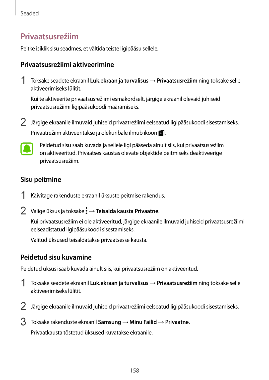 Samsung SM-G935FZDASEB manual Privaatsusrežiimi aktiveerimine, Sisu peitmine, Peidetud sisu kuvamine 