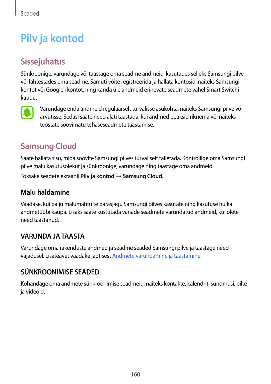 Samsung SM-G935FZDASEB manual Pilv ja kontod, Samsung Cloud, Mälu haldamine 