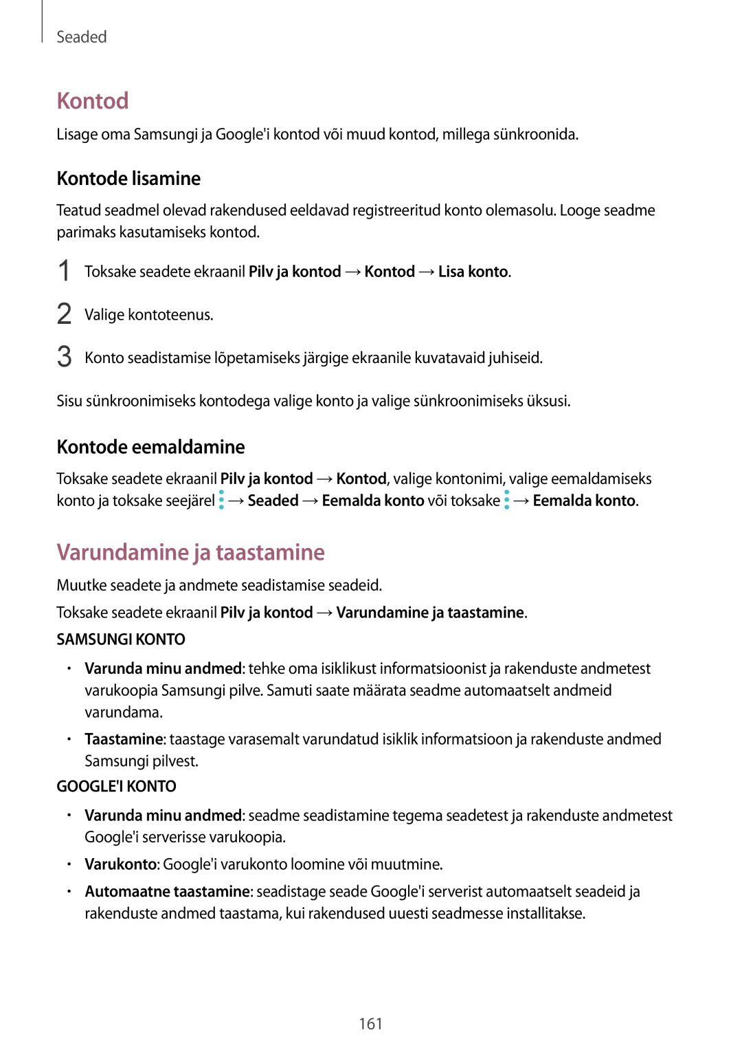 Samsung SM-G935FZDASEB manual Varundamine ja taastamine, Kontode lisamine, Kontode eemaldamine 