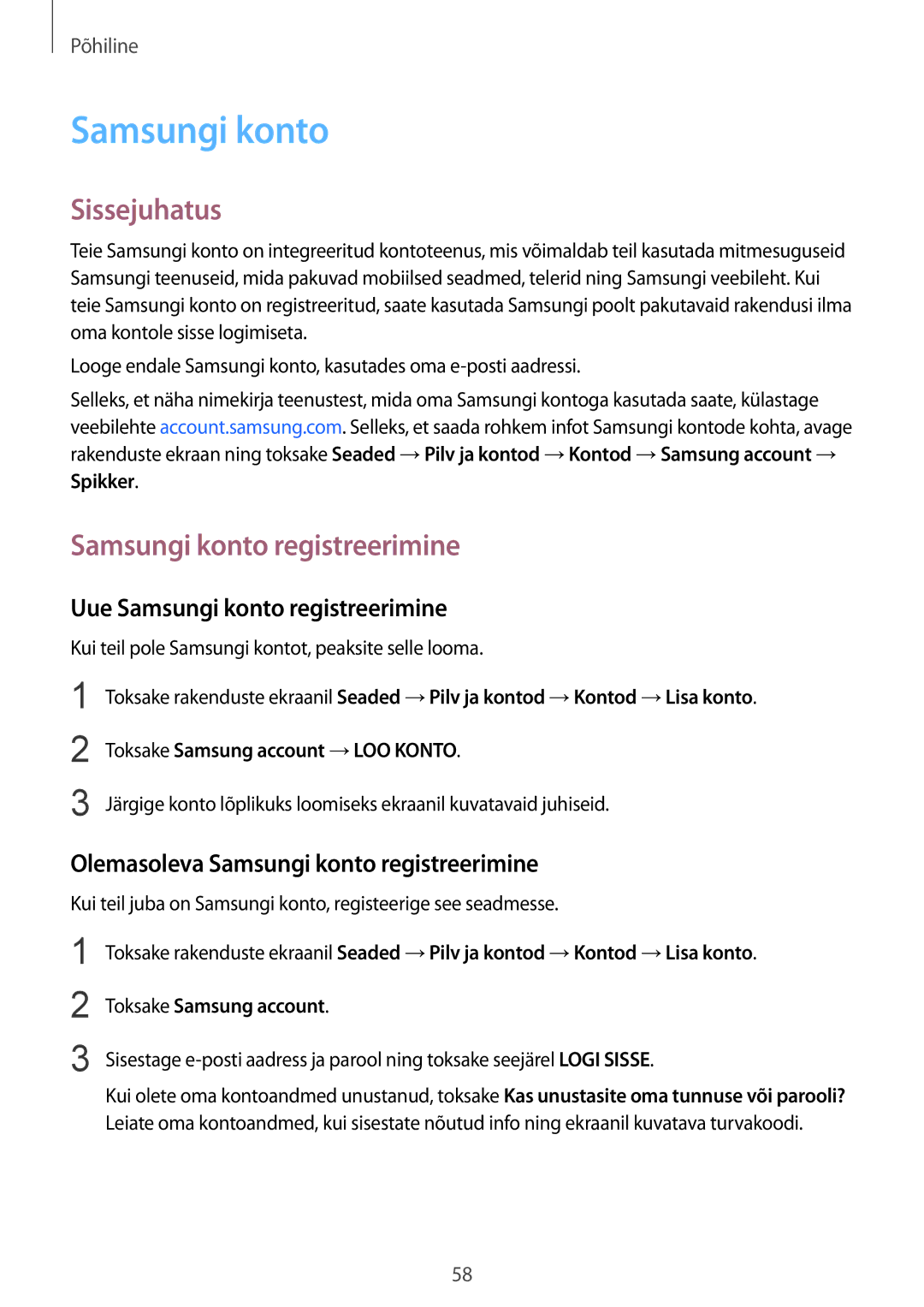 Samsung SM-G935FZDASEB manual Uue Samsungi konto registreerimine, Olemasoleva Samsungi konto registreerimine 