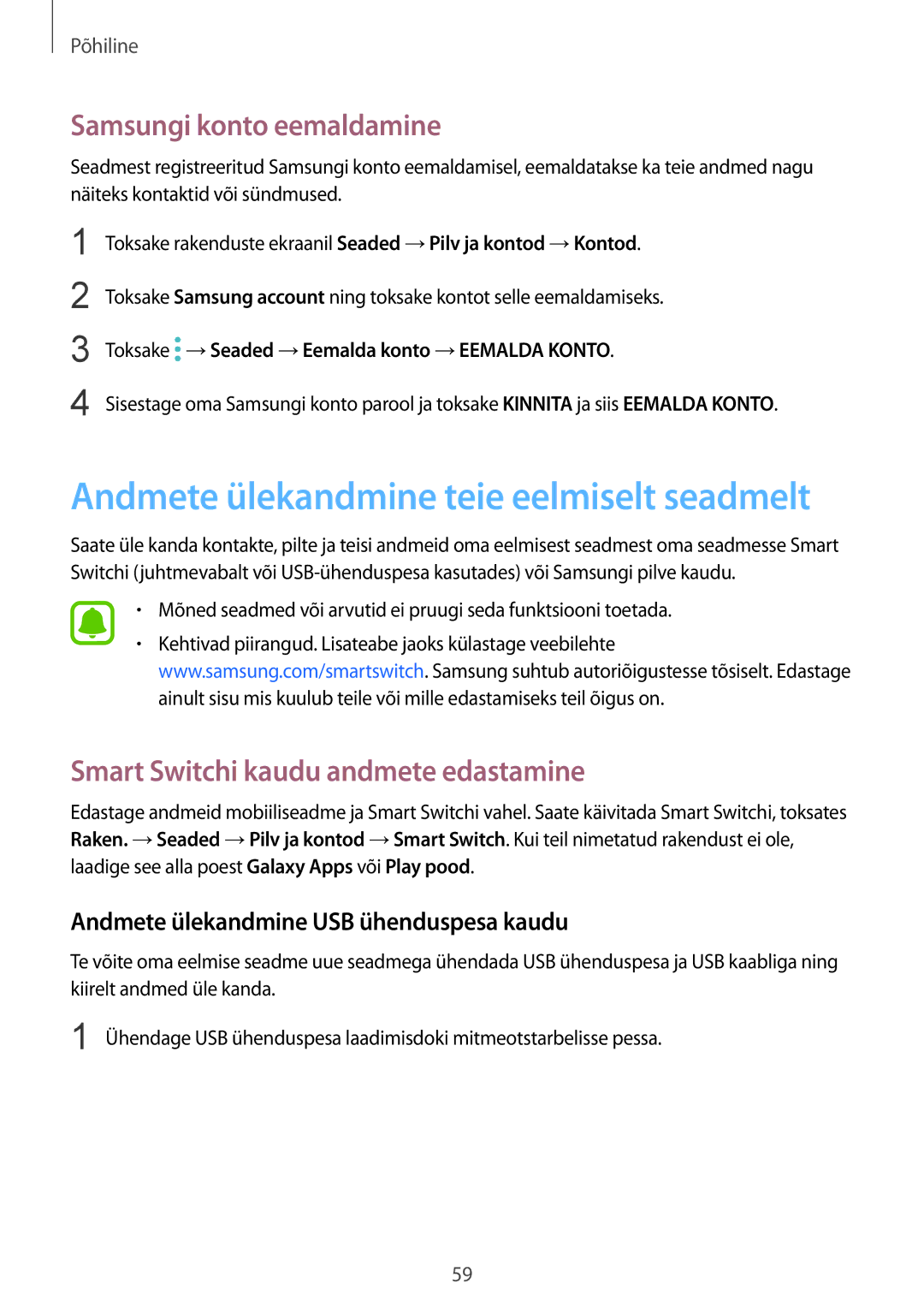 Samsung SM-G935FZDASEB manual Samsungi konto eemaldamine, Smart Switchi kaudu andmete edastamine 