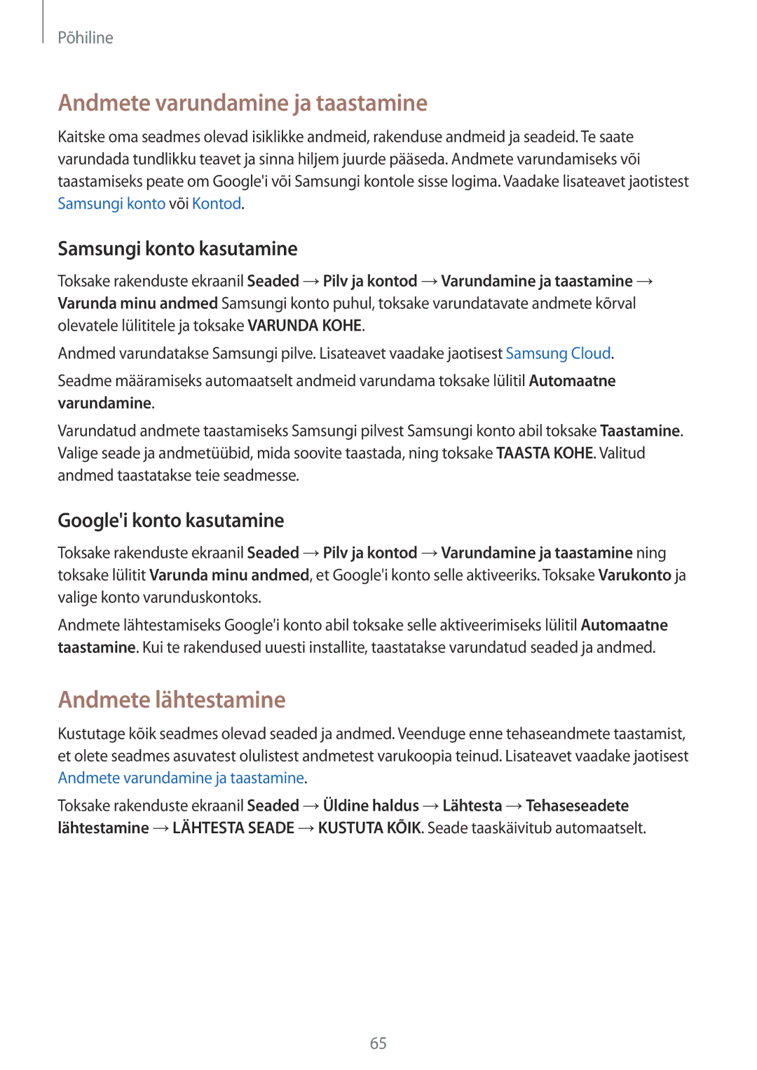 Samsung SM-G935FZDASEB manual Andmete varundamine ja taastamine, Andmete lähtestamine, Samsungi konto kasutamine 