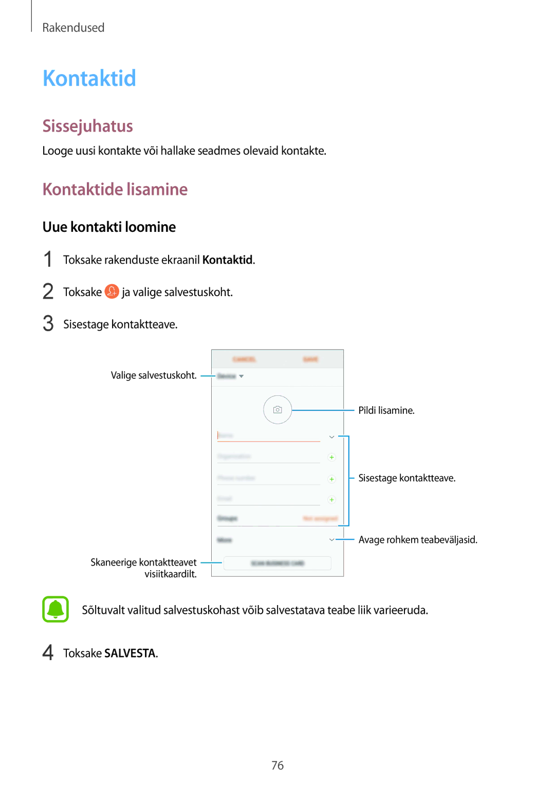 Samsung SM-G935FZDASEB manual Kontaktide lisamine, Uue kontakti loomine 