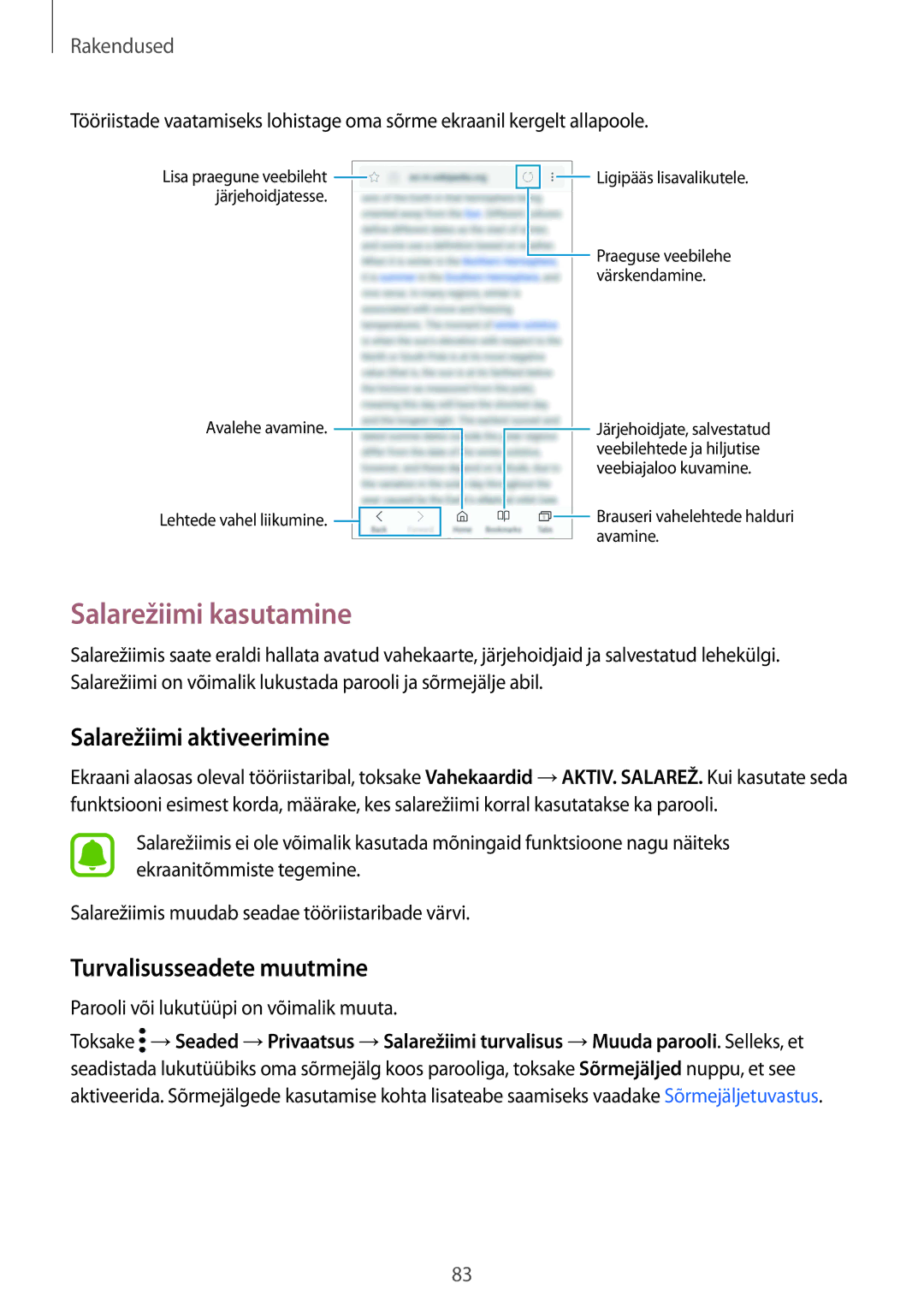 Samsung SM-G935FZDASEB manual Salarežiimi kasutamine, Salarežiimi aktiveerimine, Turvalisusseadete muutmine 