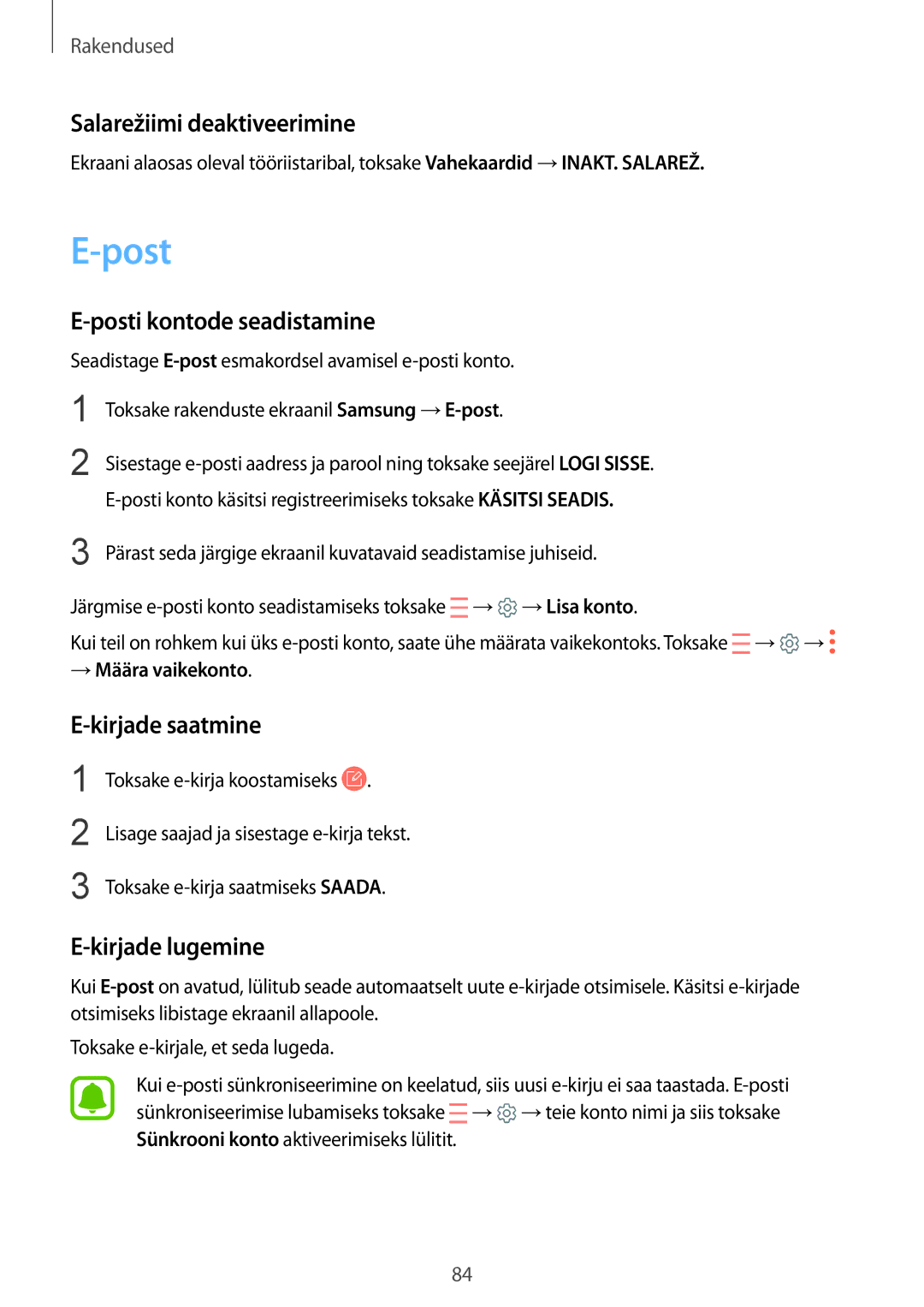 Samsung SM-G935FZDASEB Salarežiimi deaktiveerimine, Posti kontode seadistamine, Kirjade saatmine, Kirjade lugemine 