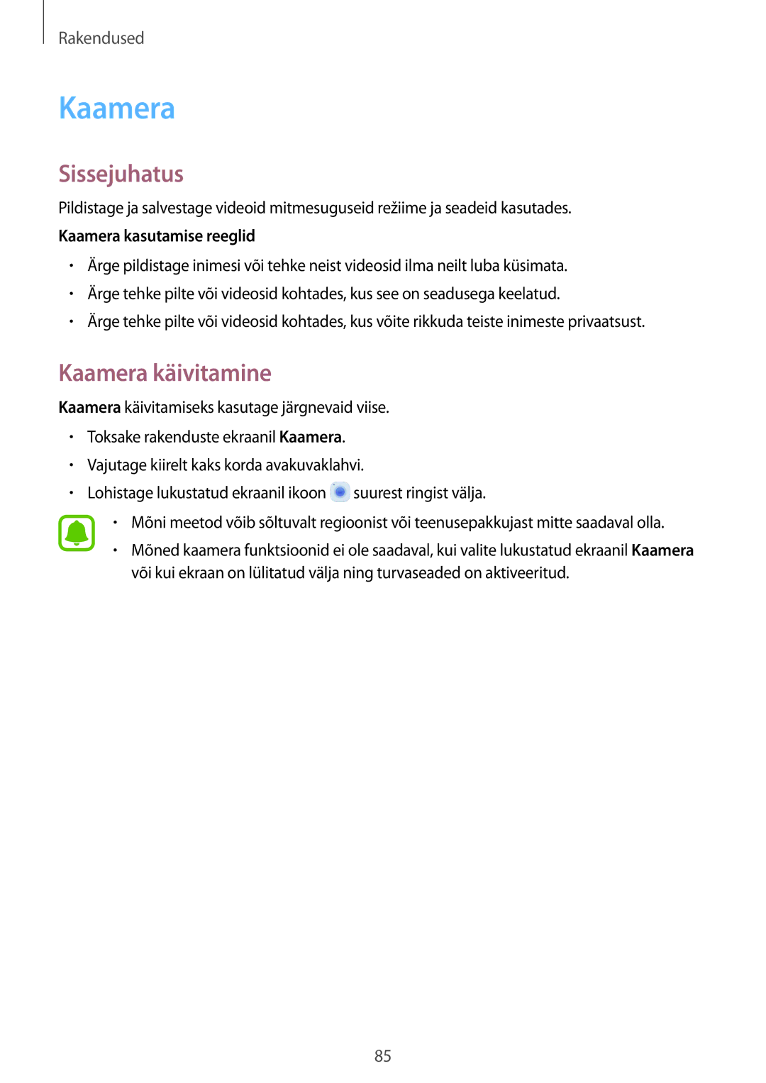 Samsung SM-G935FZDASEB manual Kaamera käivitamine, Kaamera kasutamise reeglid 