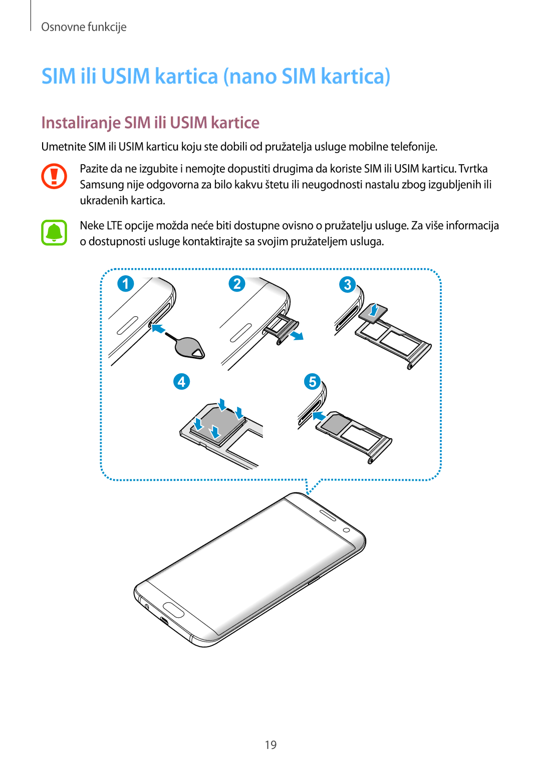 Samsung SM-G935FZBASEE, SM-G935FZDASEE manual SIM ili Usim kartica nano SIM kartica, Instaliranje SIM ili Usim kartice 