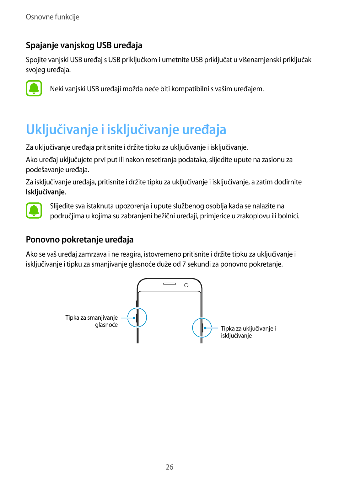 Samsung SM-G935FZKAVIP Uključivanje i isključivanje uređaja, Spajanje vanjskog USB uređaja, Ponovno pokretanje uređaja 