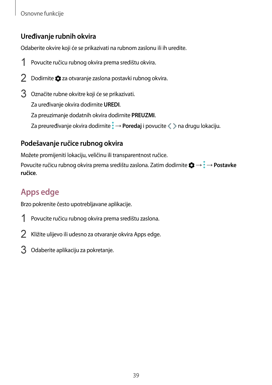 Samsung SM-G935FZBASEE, SM-G935FZDASEE manual Apps edge, Uređivanje rubnih okvira, Podešavanje ručice rubnog okvira, Ručice 