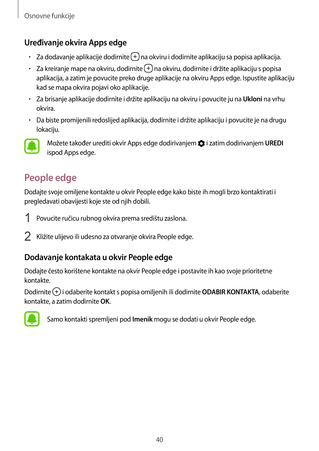 Samsung SM-G935FZDASEE, SM-G935FZKATWO manual Uređivanje okvira Apps edge, Dodavanje kontakata u okvir People edge 