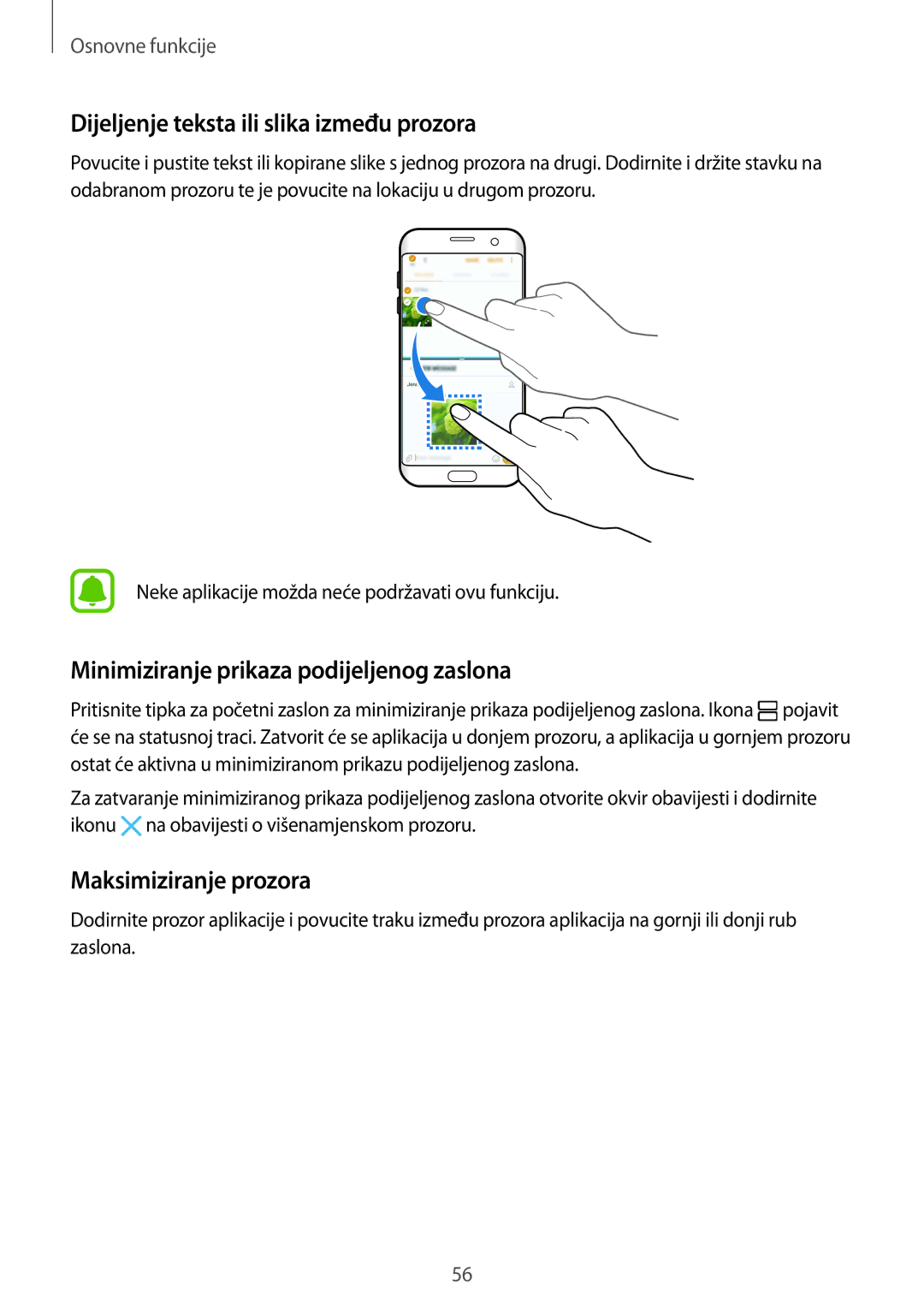 Samsung SM-G935FZKAVIP manual Dijeljenje teksta ili slika između prozora, Minimiziranje prikaza podijeljenog zaslona 