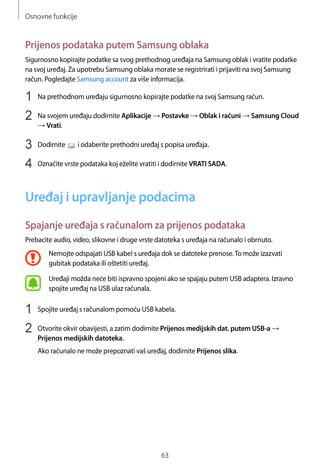 Samsung SM-G935FZDAVIP, SM-G935FZDASEE manual Uređaj i upravljanje podacima, Prijenos podataka putem Samsung oblaka, → Vrati 