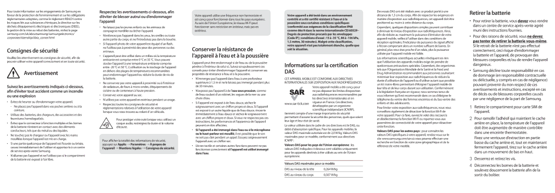 Samsung SM-G935FZSAXEF manual Consignes de sécurité, Avertissement, Informations sur la certification, Retirer la batterie 