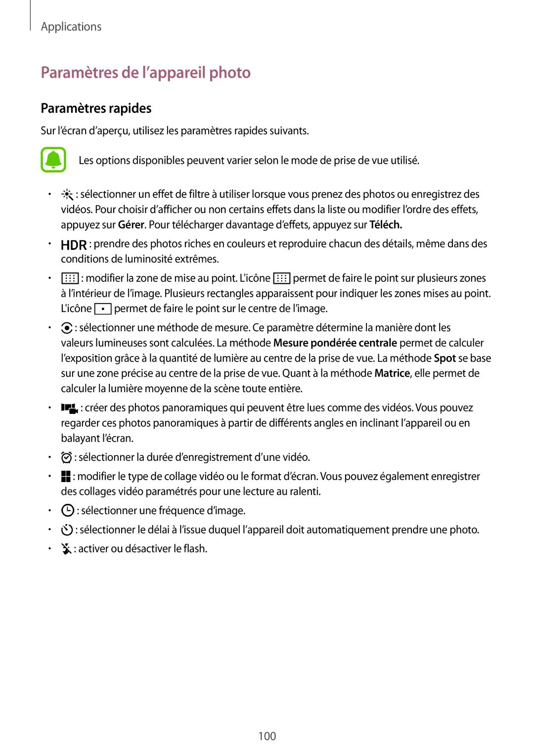 Samsung SM-G935FZWAXEF, SM-G935FZDAXEF, SM-G935FEDAXEF, SM-G935FZSAXEF Paramètres de l’appareil photo, Paramètres rapides 