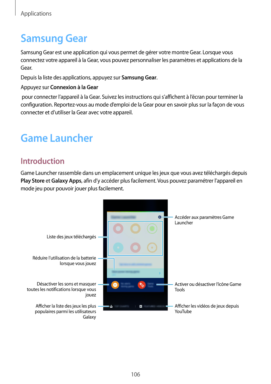 Samsung SM-G935FZWAXEF, SM-G935FZDAXEF, SM-G935FEDAXEF manual Samsung Gear, Game Launcher, Appuyez sur Connexion à la Gear 