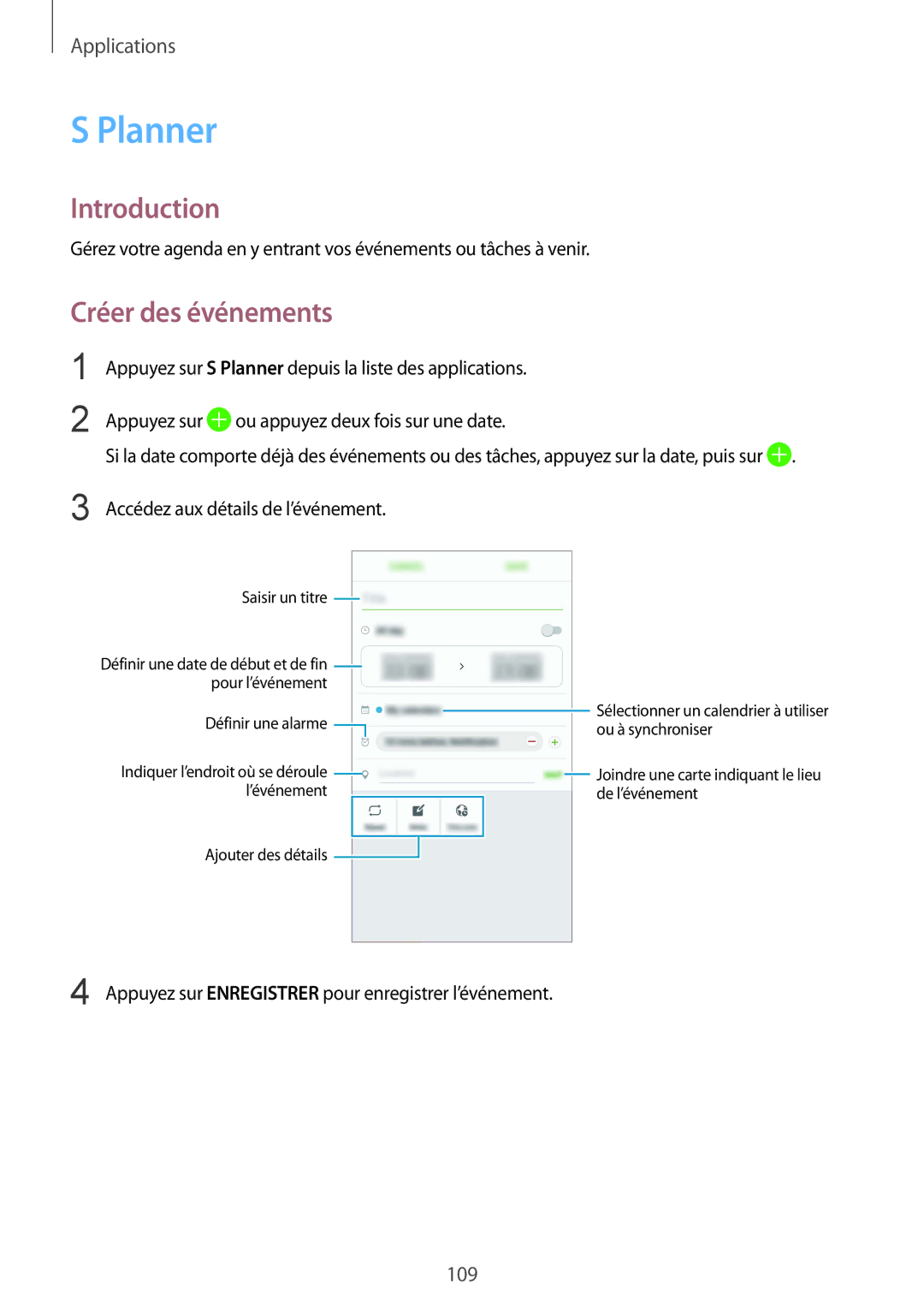 Samsung SM-G935FEDAXEF, SM-G935FZDAXEF, SM-G935FZSAXEF, SM-G935FZBAXEF, SM-G935FZWAXEF manual Planner, Créer des événements 