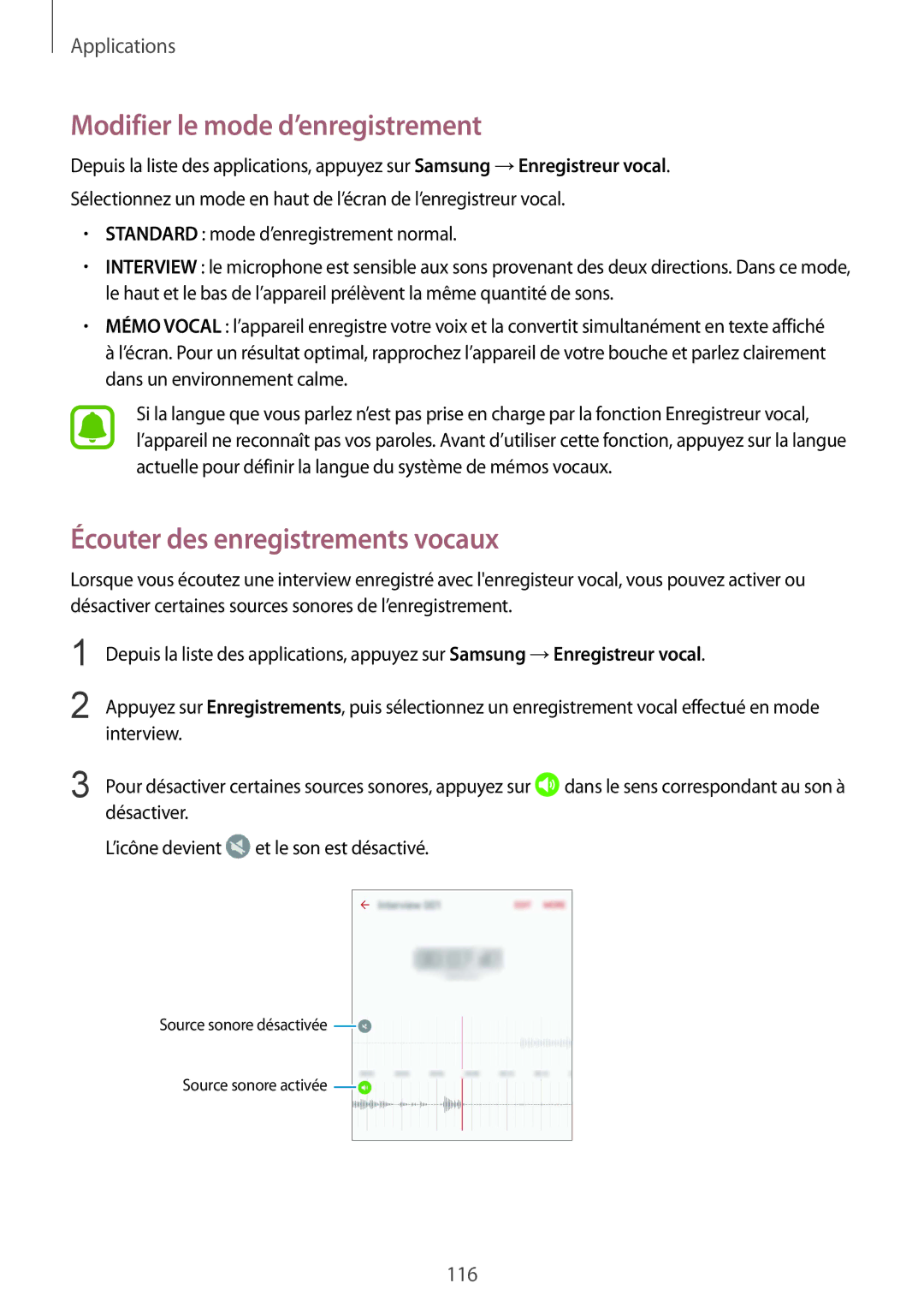 Samsung SM-G935FZSAXEF, SM-G935FZDAXEF manual Modifier le mode d’enregistrement, Écouter des enregistrements vocaux 