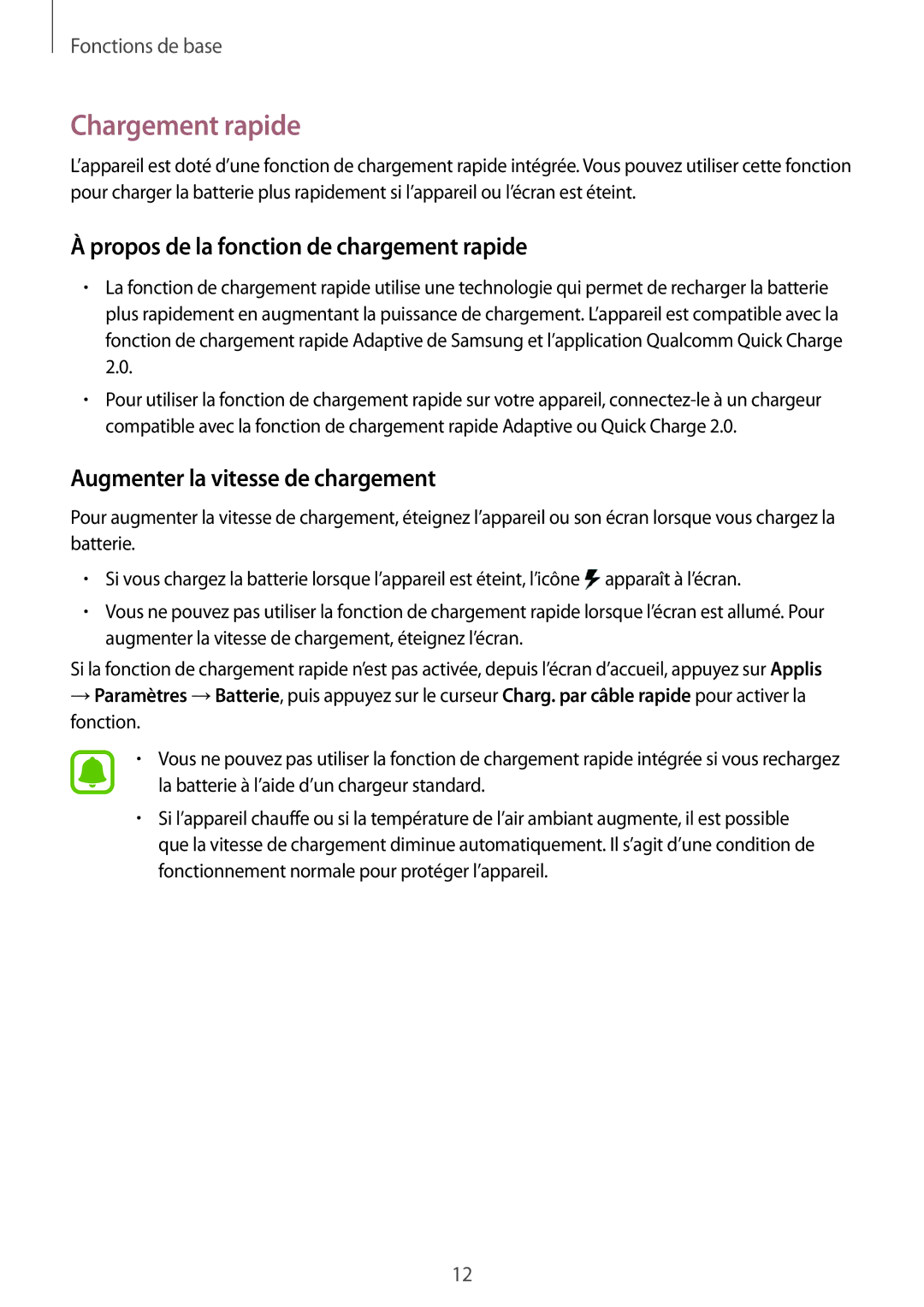 Samsung SM-G935FZDAXEF Chargement rapide, Propos de la fonction de chargement rapide, Augmenter la vitesse de chargement 