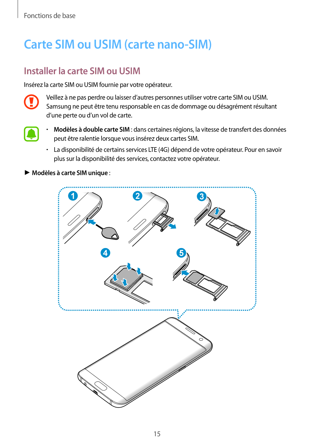 Samsung SM-G935FZBAXEF manual Carte SIM ou Usim carte nano-SIM, Installer la carte SIM ou Usim, Modèles à carte SIM unique 