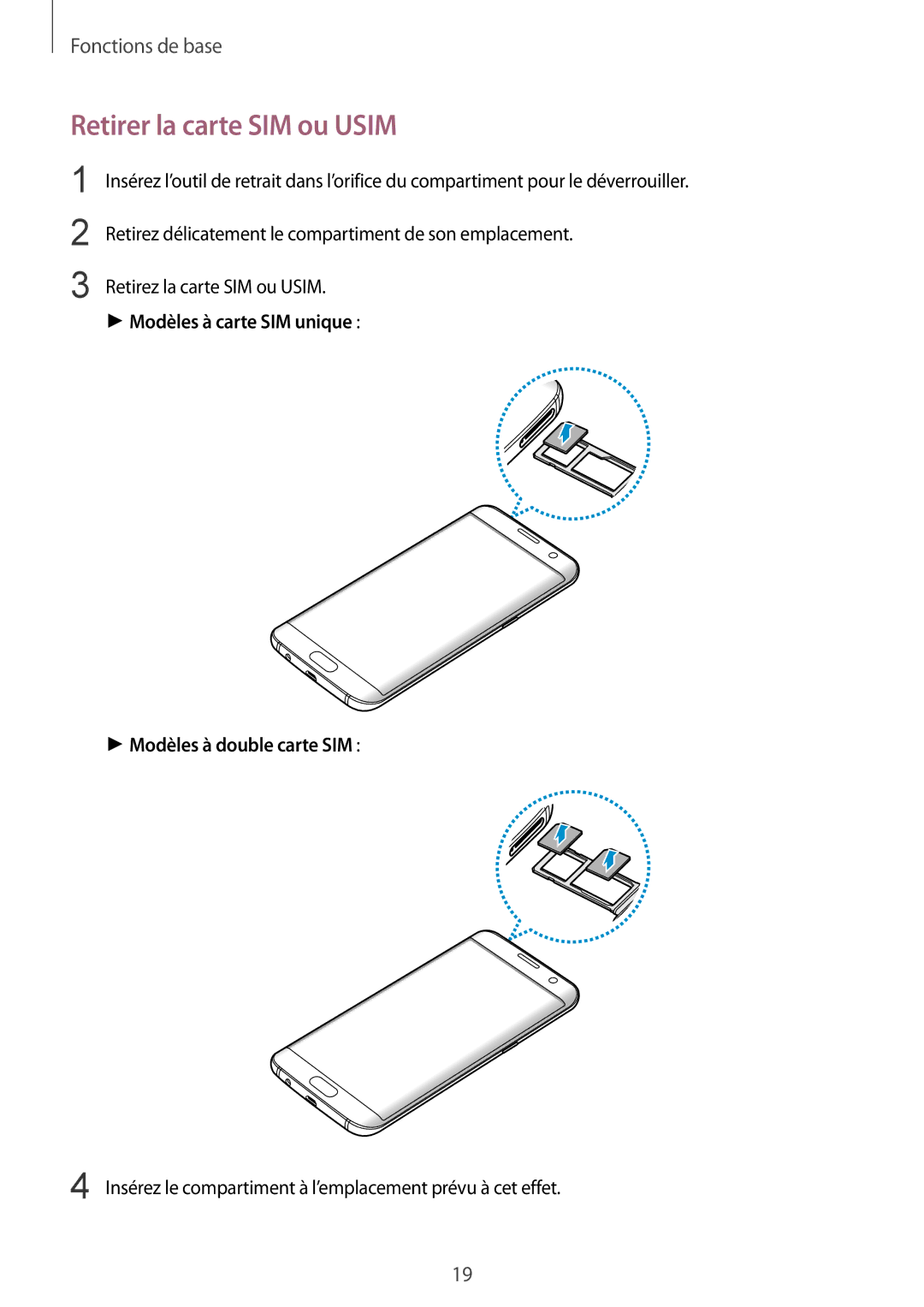 Samsung SM-G935FEDAXEF, SM-G935FZDAXEF Retirer la carte SIM ou Usim, Modèles à carte SIM unique Modèles à double carte SIM 