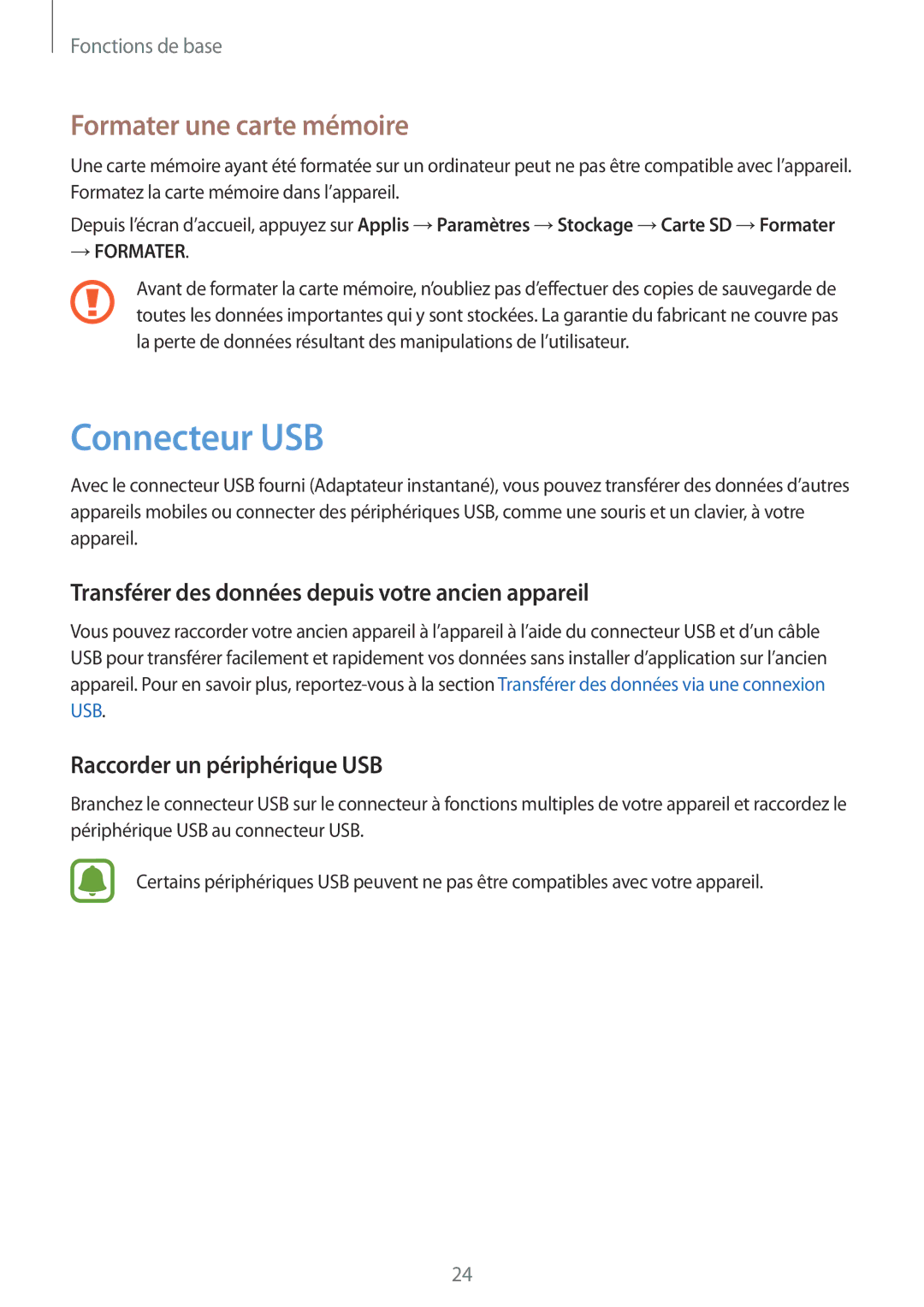 Samsung SM-G935FZDAXEF Connecteur USB, Formater une carte mémoire, Transférer des données depuis votre ancien appareil 