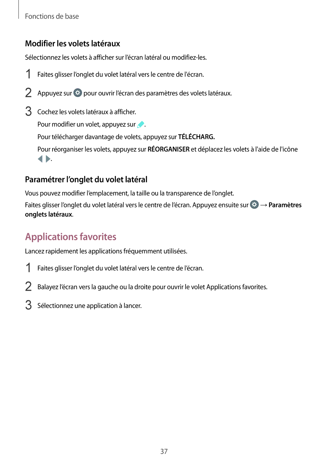 Samsung SM-G935FEDAXEF manual Applications favorites, Modifier les volets latéraux, Paramétrer l’onglet du volet latéral 