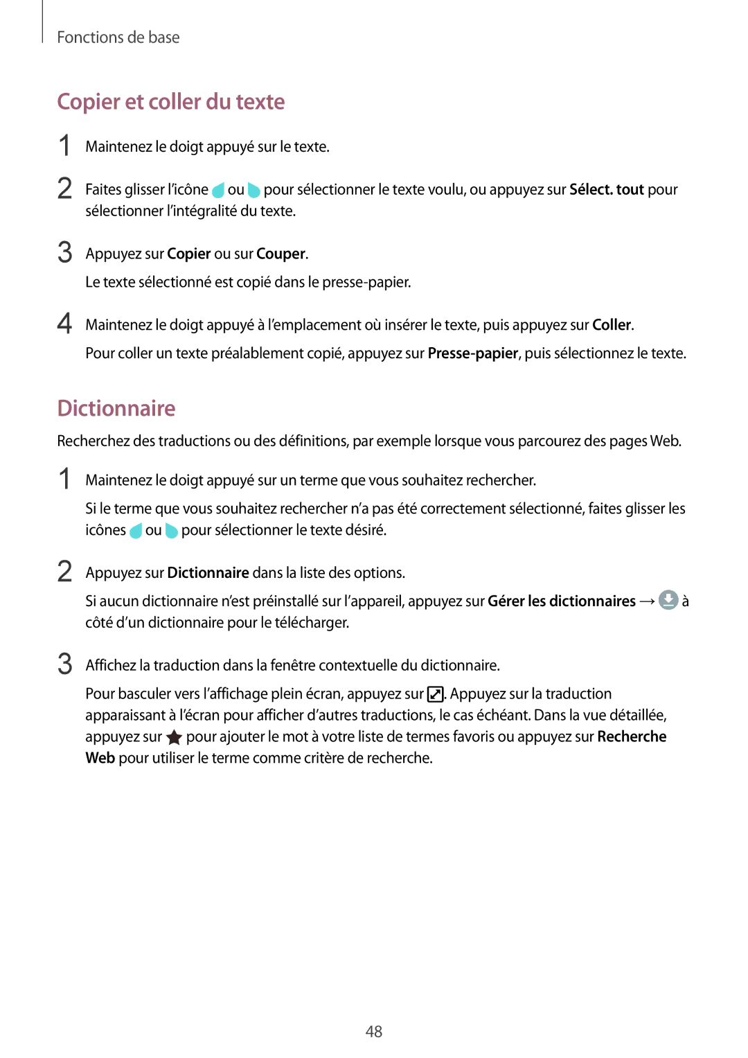 Samsung SM-G935FZDAXEF, SM-G935FEDAXEF, SM-G935FZSAXEF, SM-G935FZBAXEF manual Copier et coller du texte, Dictionnaire 