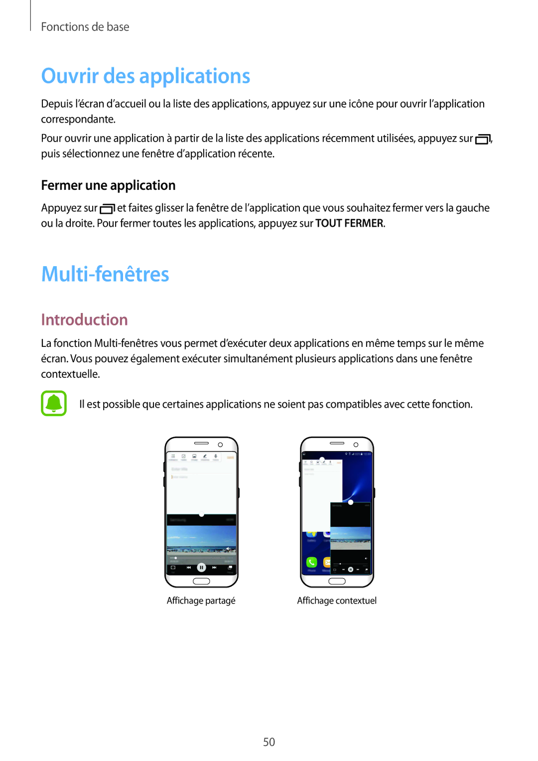 Samsung SM-G935FZSAXEF, SM-G935FZDAXEF, SM-G935FEDAXEF manual Ouvrir des applications, Multi-fenêtres, Fermer une application 