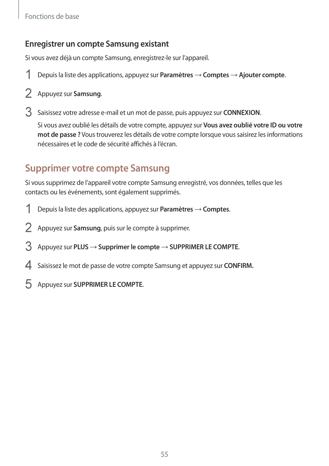 Samsung SM-G935FEDAXEF, SM-G935FZDAXEF manual Supprimer votre compte Samsung, Enregistrer un compte Samsung existant 