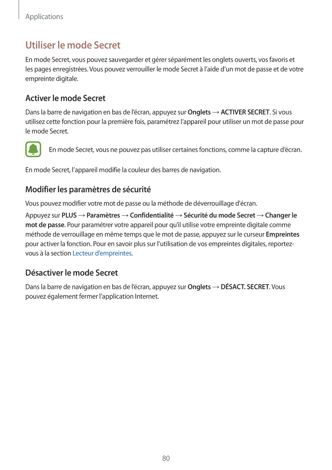Samsung SM-G935FZSAXEF manual Utiliser le mode Secret, Activer le mode Secret, Modifier les paramètres de sécurité 