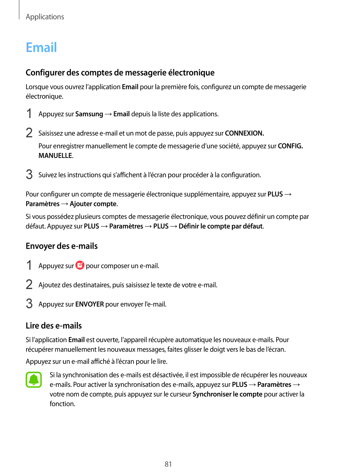 Samsung SM-G935FZBAXEF manual Configurer des comptes de messagerie électronique, Envoyer des e-mails, Lire des e-mails 