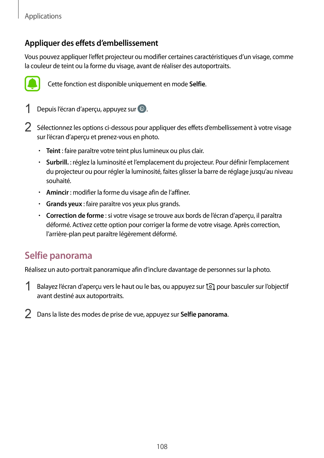 Samsung SM-G935FZDAXEF, SM-G935FEDAXEF, SM-G935FZSAXEF manual Selfie panorama, Appliquer des effets d’embellissement 