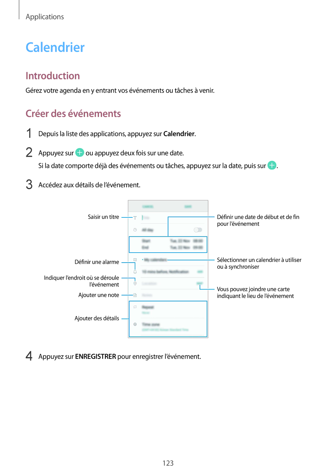 Samsung SM-G935FZBAXEF, SM-G935FZDAXEF, SM-G935FEDAXEF, SM-G935FZSAXEF, SM-G935FZWAXEF manual Calendrier, Créer des événements 