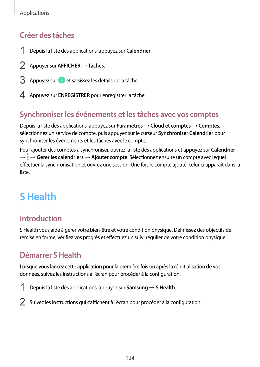 Samsung SM-G935FZWAXEF manual Health, Créer des tâches, Synchroniser les événements et les tâches avec vos comptes 