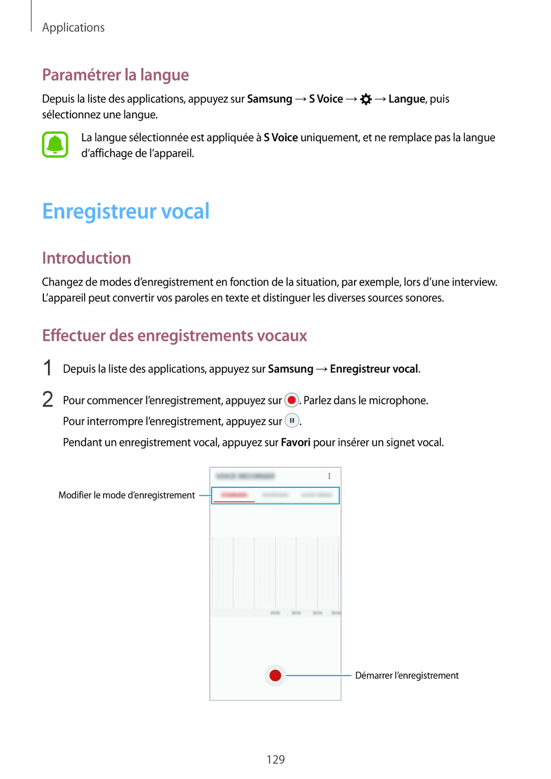 Samsung SM-G935FZBAXEF, SM-G935FZDAXEF manual Enregistreur vocal, Paramétrer la langue, Effectuer des enregistrements vocaux 