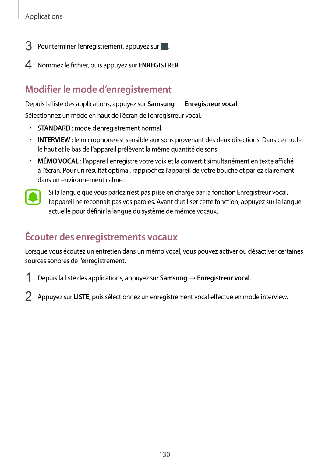 Samsung SM-G935FZWAXEF, SM-G935FZDAXEF manual Modifier le mode d’enregistrement, Écouter des enregistrements vocaux 