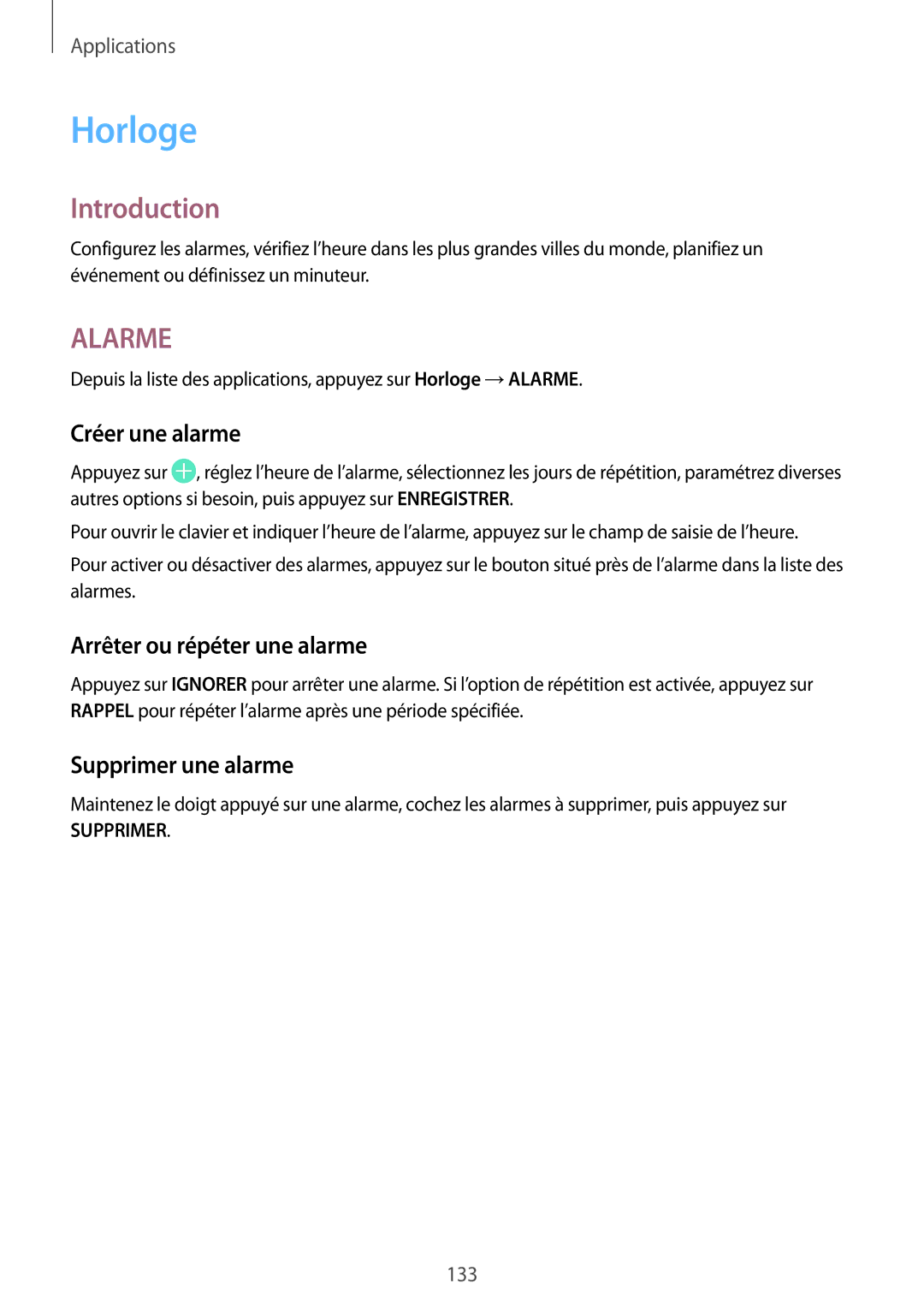 Samsung SM-G935FEDAXEF, SM-G935FZDAXEF manual Horloge, Créer une alarme, Arrêter ou répéter une alarme, Supprimer une alarme 